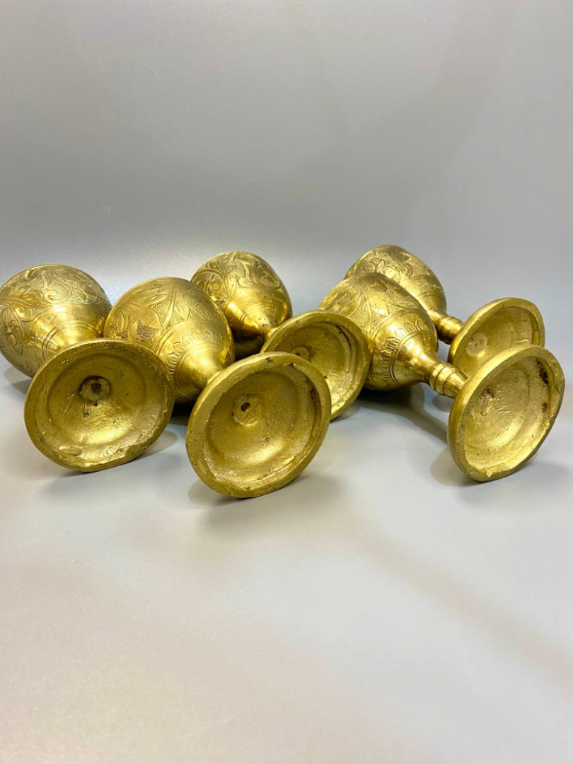 Бокалы из латуни с штихельной гравировкой, ручная работа. Тяжелые. Винтаж! Цена за 5шт.. Картинка 3